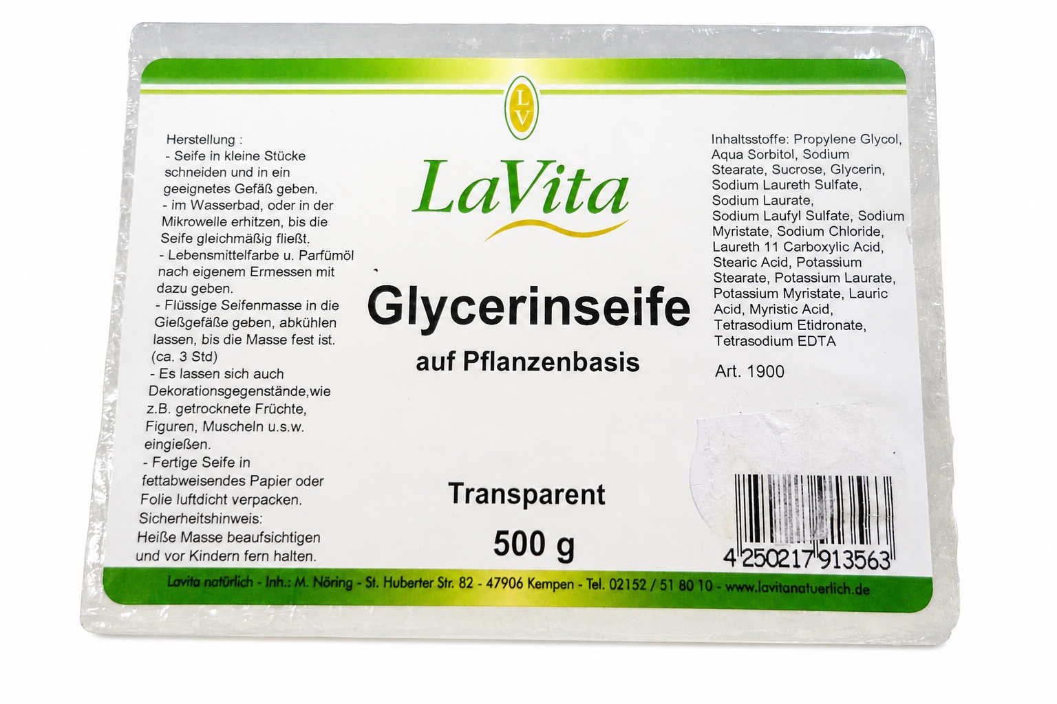LaVita Glycerinseife Block transparent 500g